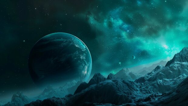 Blue Space desktop wallpaper with a vibrant depiction of a blue aurora dancing over a distant planet, with the starry sky creating a magical effect.