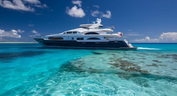 Boat ocean adventure with a yacht cruising through crystal clear blue waters.