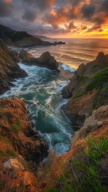 Breathtaking coastal cliffs with waves crashing, dramatic skies, and golden hour light, Aesthetic Nature Background.