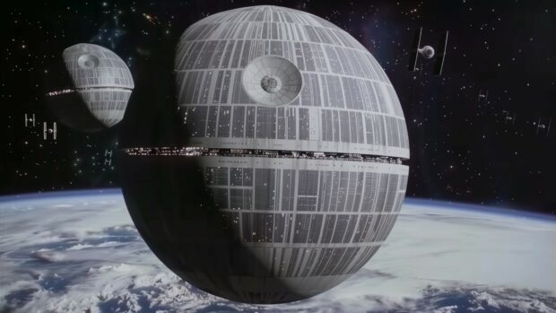 Breathtaking view of the Death Star orbiting a distant planet, with a fleet of Star Destroyers nearby and stars filling the sky.