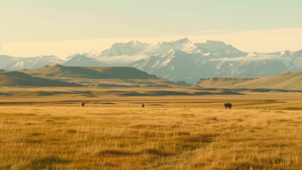 Calm Desktop 4K Wallpaper, A serene mountain landscape at sunrise with a clear sky.