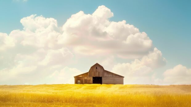 Calm Desktop Wallpaper 4K with a rustic barn in a field of golden wheat under a bright summer sky.