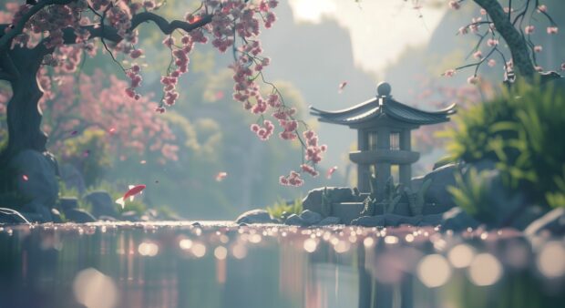 Calm Desktop Wallpaper HD with a tranquil Japanese garden with a koi pond and cherry blossoms.