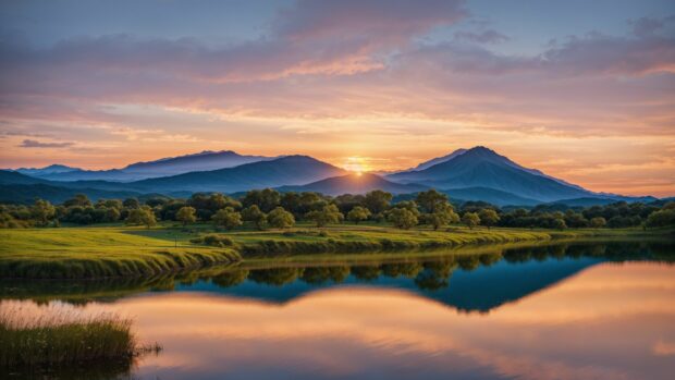 Captivating 4K HD Desktop Wallpaper of a colorful sunset over a tranquil lake reflects the sky.