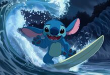 Cartoon depiction of Stitch surfing a giant wave with a look of excitement.
