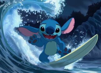 Cartoon depiction of Stitch surfing a giant wave with a look of excitement.