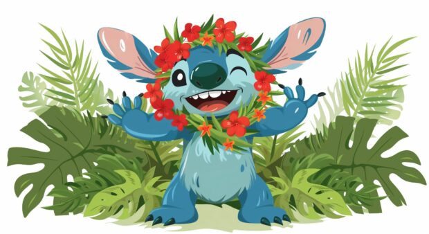 Cartoon style cute Stitch dancing happily in a traditional Hawaiian luau outfit.