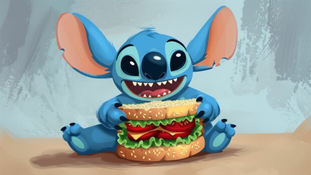 Cartoon wallpaper of Stitch with a mischievous grin, holding a homemade sandwich.