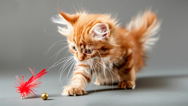 Cat 4K Wallpaper with a fluffy kitten playing with a feather toy.