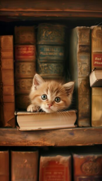 Cat iPhone Wallpaper 4K with a Kitten exploring a bookshelf.