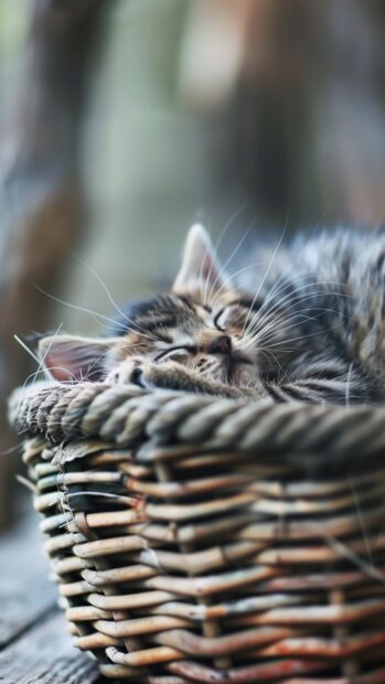 Cat iPhone wallpaper with a kitten curled up in a basket.