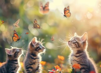 Cat wallpaper 4K for Desktop with playful kittens chasing butterflies in a garden.