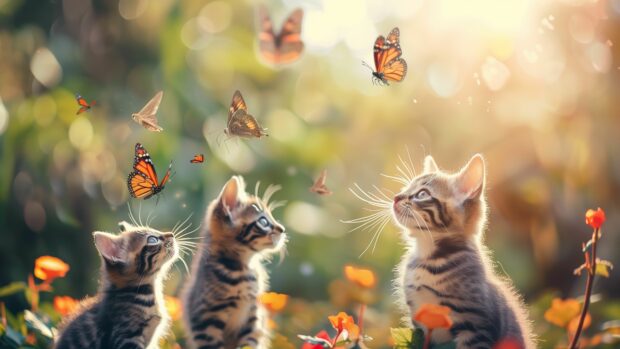 Cat wallpaper 4K for Desktop with playful kittens chasing butterflies in a garden.