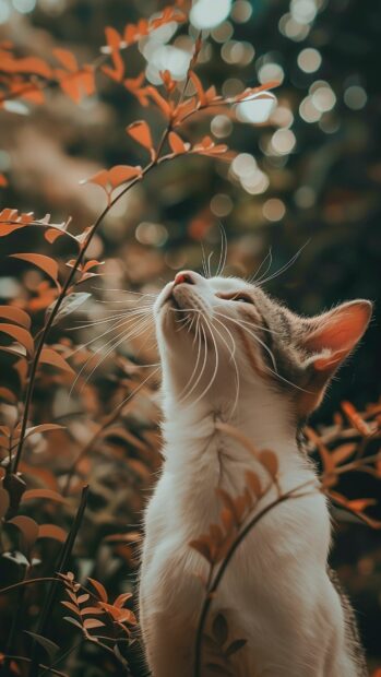 Cat wallpaper 4K with a playful expression in a garden.
