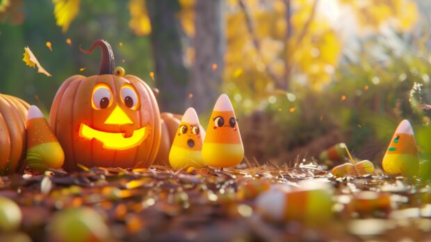 Cheerful Halloween 4K Wallpaper with candy corn characters in a whimsical pumpkin patch.