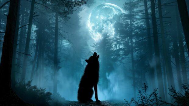 Chilling Halloween werewolf howling at the moon on a dark forest path, Halloween Desktop Background.