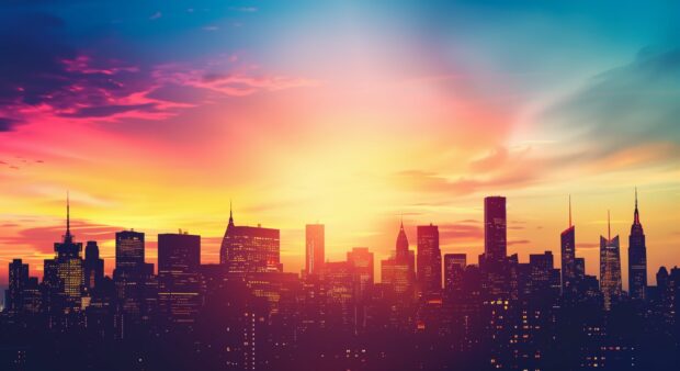 City skyline with skyscrapers silhouetted against the colorful sky, Sunset Wallpaper HD 1080p.
