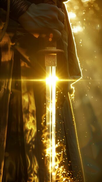 Close up of a samurai hand gripping the hilt of a katana, with sunlight glinting off the blade, Samurai desktop Wallpaper 4K.