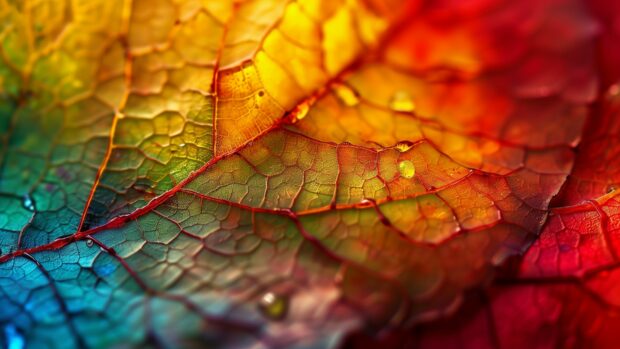 Close up of autumn leaves with detailed textures and vibrant colors.
