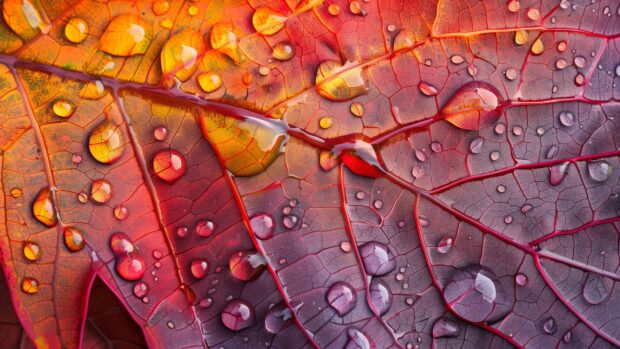 Close up of dewdrops on colorful autumn leaves 2K wallpaper.