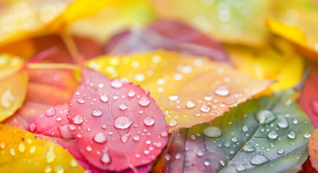 Close up of dewdrops on colorful autumn leaves desktop wallpaper.