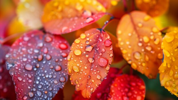 Close up of dewdrops on colorful autumn wallpaper 2K HD.