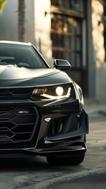 Close up of the front grille and headlights of a Camaro ZL1, Car iPhone Wallpaper HD.