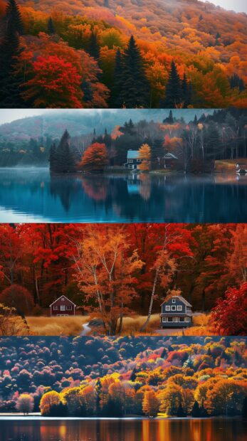Collage of fall iPhone backgrounds featuring vibrant autumn leaves, misty forests, pumpkin fields, cozy cottages, and serene lakes with reflections of fall colors.