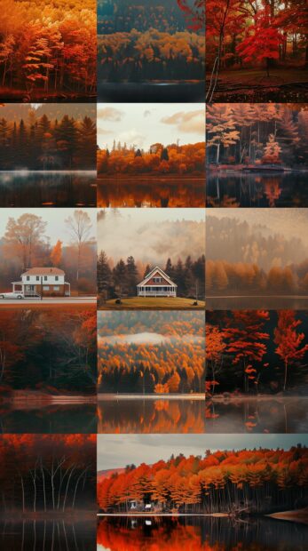Collage of fall iPhone wallpaper featuring vibrant autumn leaves, misty forests, pumpkin fields, cozy cottages, and serene lakes with reflections of fall colors.