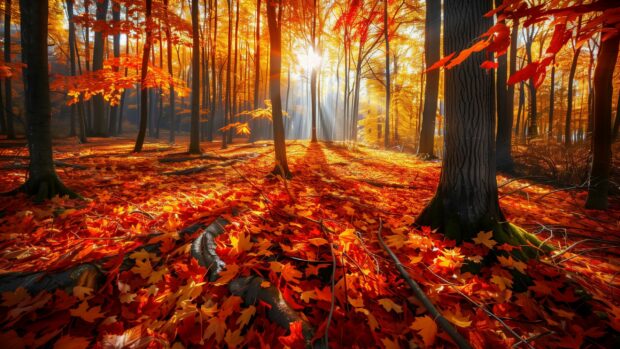 Colorful autumn forest with fallen leaves.