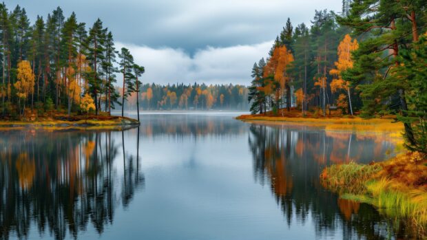 Computer Desktop Wallpaper HD with Autumn forest with a calm river.