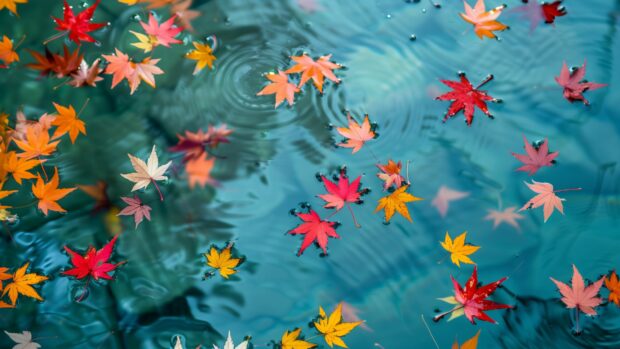Computer Desktop Wallpaper with beautiful fall leaves floating on a serene water surface.