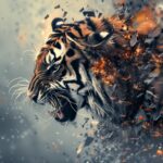Cool 3D background with a majestic tiger, its head and body made of sharp metal pieces breaking apart in an explosion.