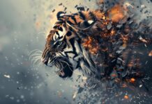 Cool 3D background with a majestic tiger, its head and body made of sharp metal pieces breaking apart in an explosion.