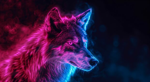 Cool 3D background with abstract neon wolf glowing in the dark, animal wallpaper .
