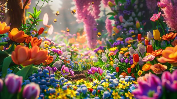 Cool 3D rendering of vibrant flowers blooming in a lush, colorful garden.