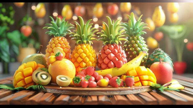 Cool 3D tropical fruits like pineapples, mangoes, and bananas arranged artistically.