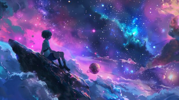 Cool Anime Space desktop background with a peaceful anime scene of a character sitting on a floating rock in space, surrounded by colorful stars and nebulae.