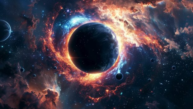 Cool Desktop Background with cosmic scene with black holes and distant galaxies.