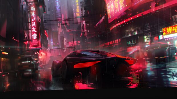 Cool Desktop Background with futuristic cityscape at dusk, neon lights illuminating the skyline.