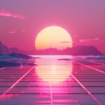 Cool Desktop Background with retro wave aesthetic with neon grids and a sunset horizon.