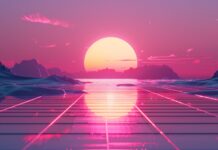 Cool Desktop Background with retro wave aesthetic with neon grids and a sunset horizon.