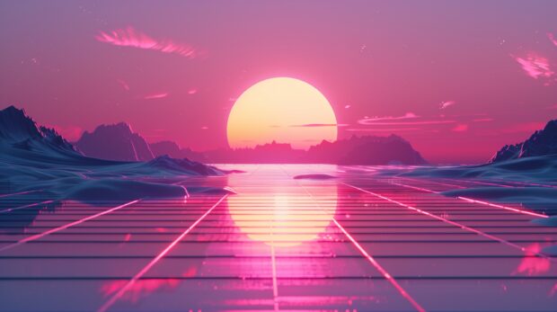 Cool Desktop Background with retro wave aesthetic with neon grids and a sunset horizon.