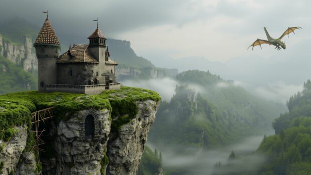 Cool Desktop Wallpaper with Fantasy castle on a cliff with a dragon flying overhead.