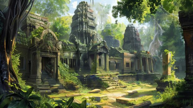 Cool Desktop Wallpaper with ancient ruins in a dense jungle with hidden treasures.