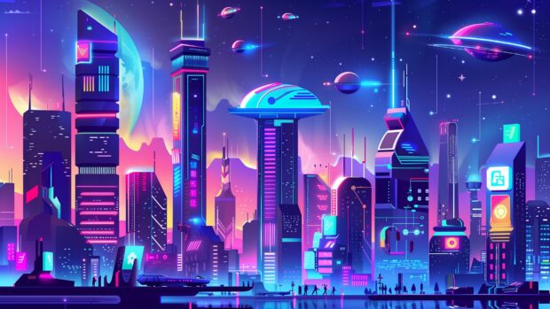 Cool HD Wallpaper feature neon cityscape with futuristic buildings and flying vehicles.