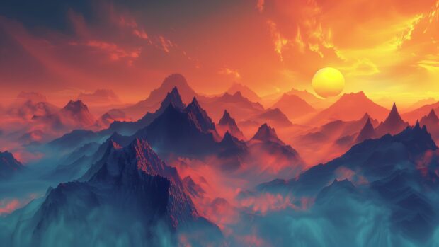 Cool HD Wallpaper features mountain range at dawn with cool mist and rising sun.