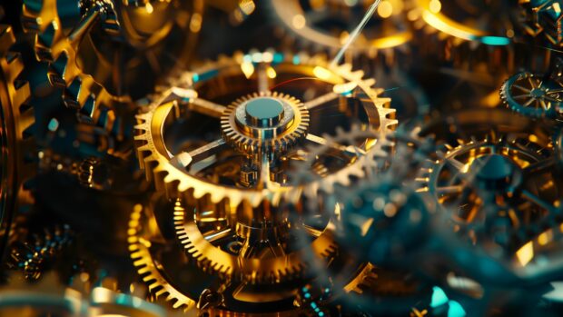 Cool HD Wallpaper metallic gears and cogs rotating in a synchronized motion.
