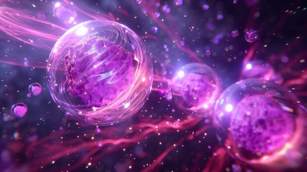 Cool HD Wallpaper with abstract 3D spheres floating in a cosmic void with glowing trails.