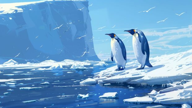 Cool HD background with an icy cool glacier landscape under a clear blue sky with penguins.
